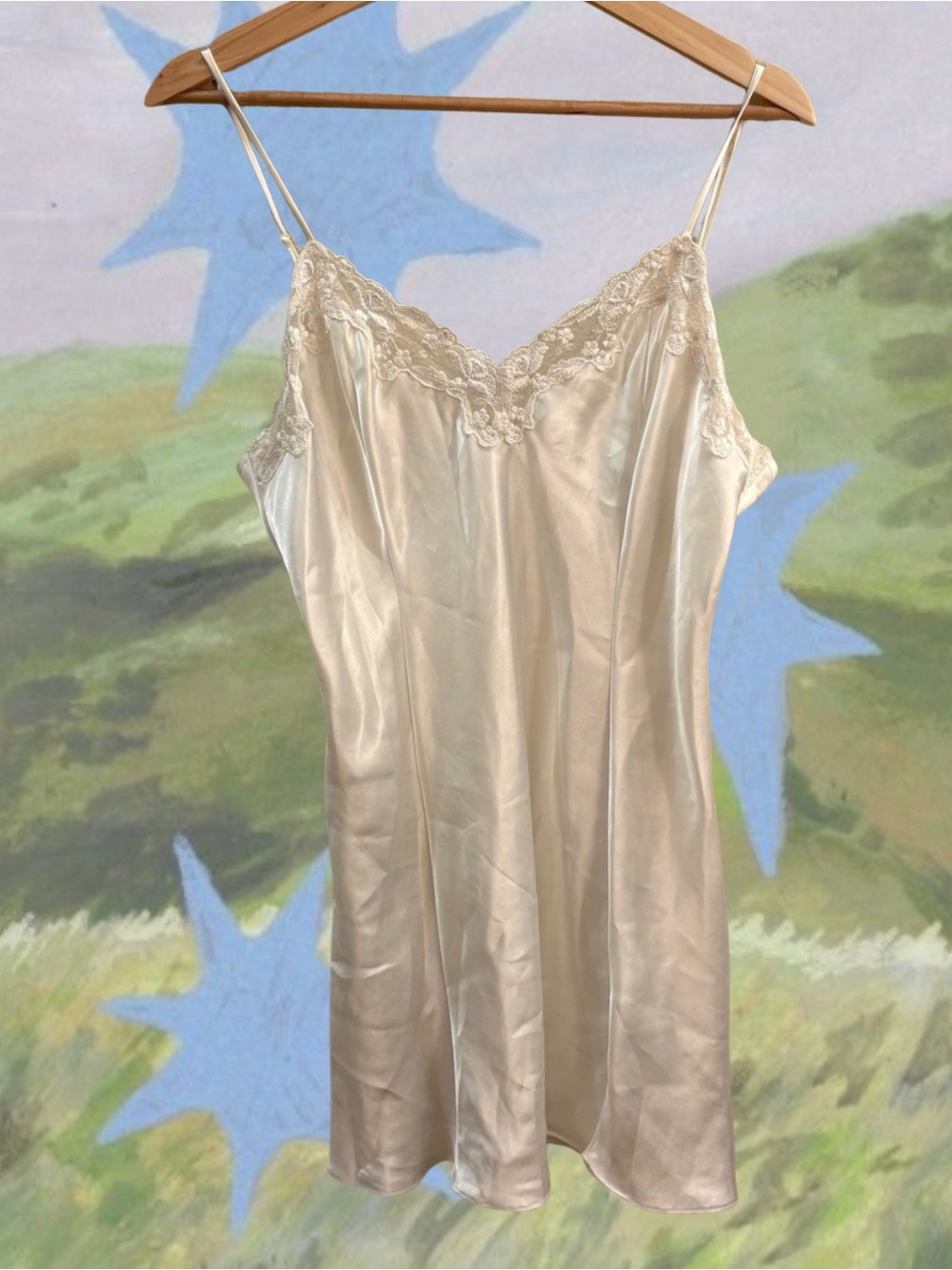 Victoria's Secret Vintage Ivory Satin Slip Dress Lace Trim Size Large Bridal